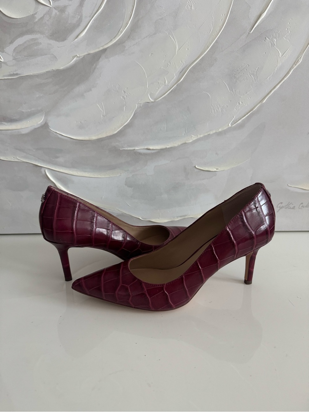 Lauren Ralph Lauren Burgundy Croc-Embossed Pointed Toe Pumps
